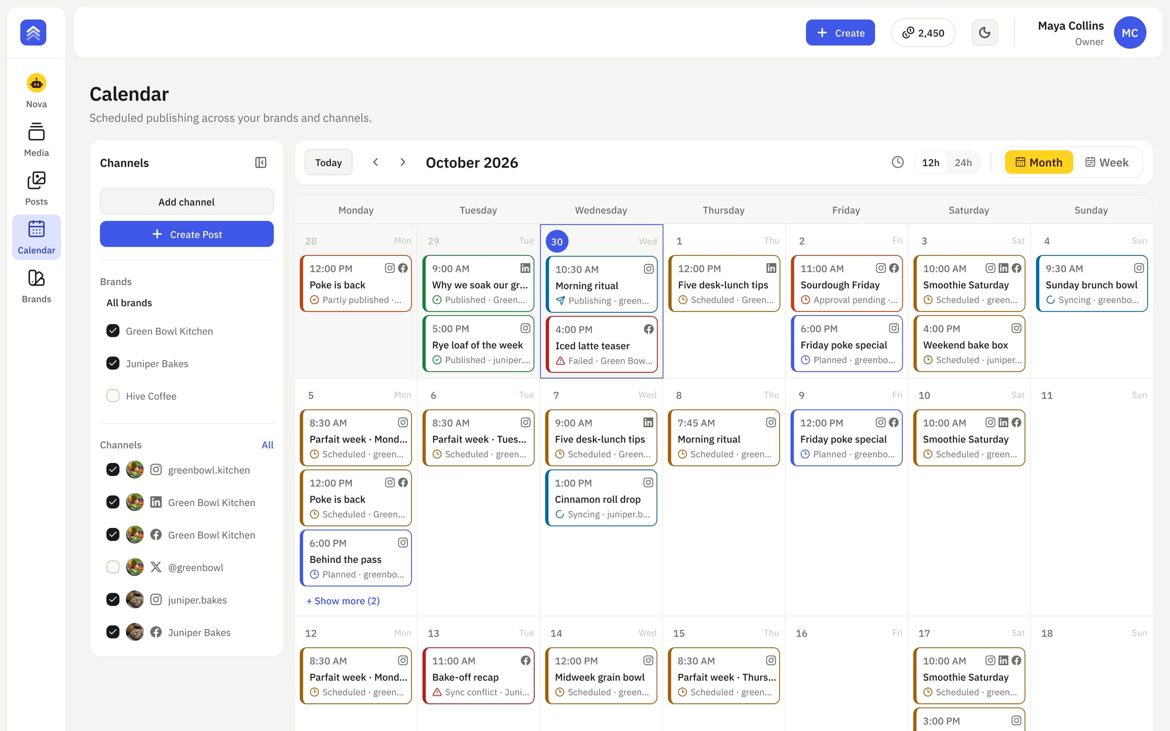The GrowTroop calendar: a month of posts for two demo brands, each with its channel and status
